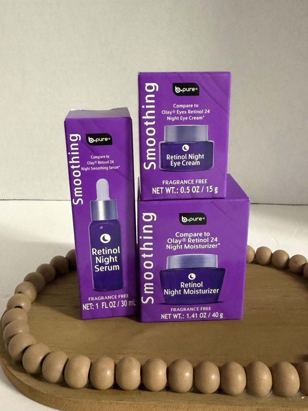 b.pure Smoothing Retinol Night Skincare Set: Serum 1oz, Moisturizer 1.41oz, Eye